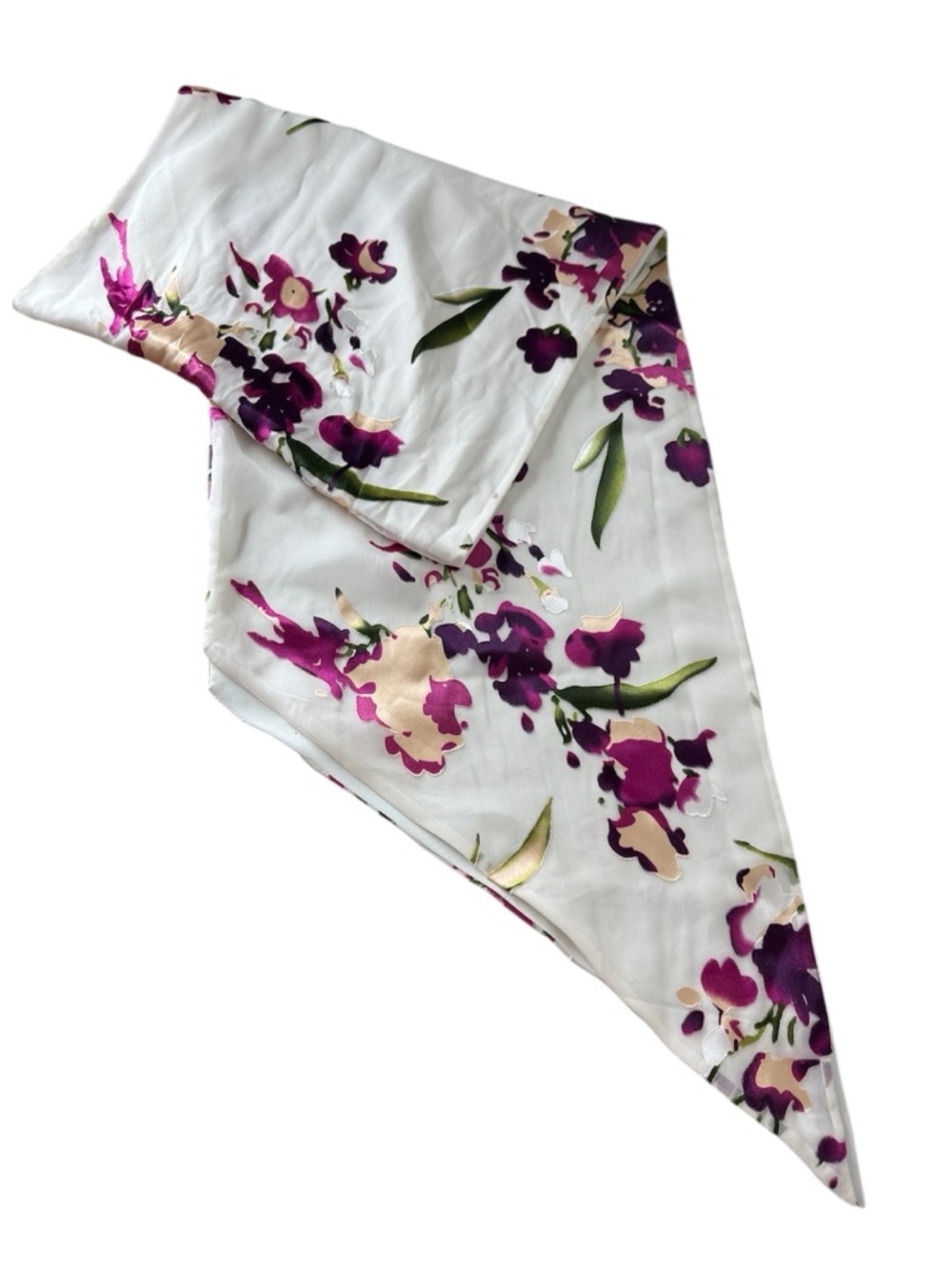 PRECIS PETITE White Purple Metallic Floral Silk Scarf Pointed Ends Spring Summer